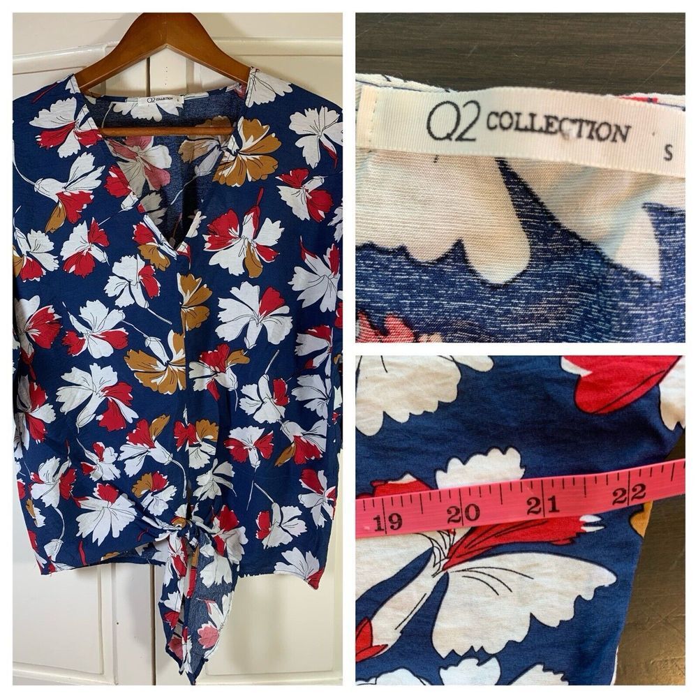 Q2 Tie Front Top Womens Small Floral Office Cropped Relaxed Fit 3/4 Sleeve